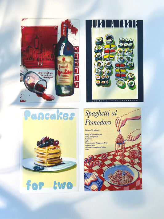 3 Food Motive in einer Postkartenkollektion