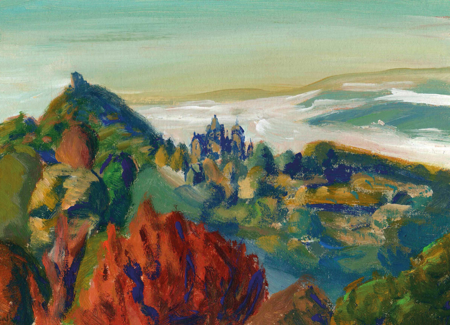 Blick auf Drachenfels und Schloss Drachenburg, bei Rhöndorf (Original)