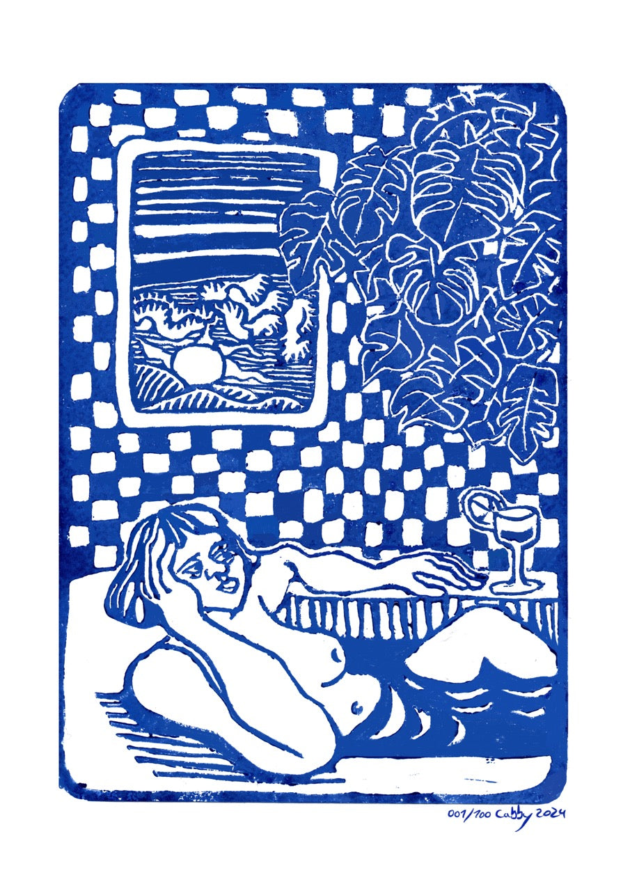 Frau in Badewanne  Linoldruck