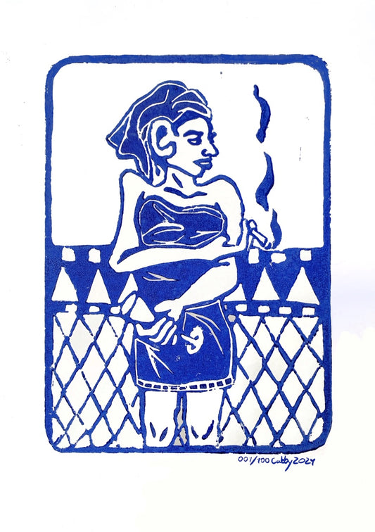 Frau in Handtuch Linoldruck