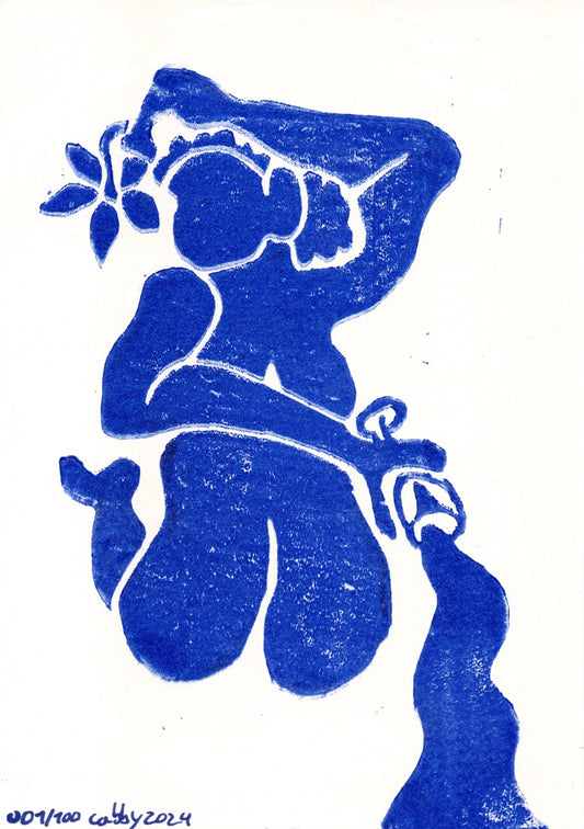 Frau mit Blume und Glas Linoldruck